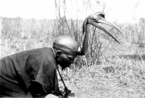 Northern Nigerian hunter wearing a hornbill headdress to stalk game. photo: Major A.J.N. Tremearne 1913. 